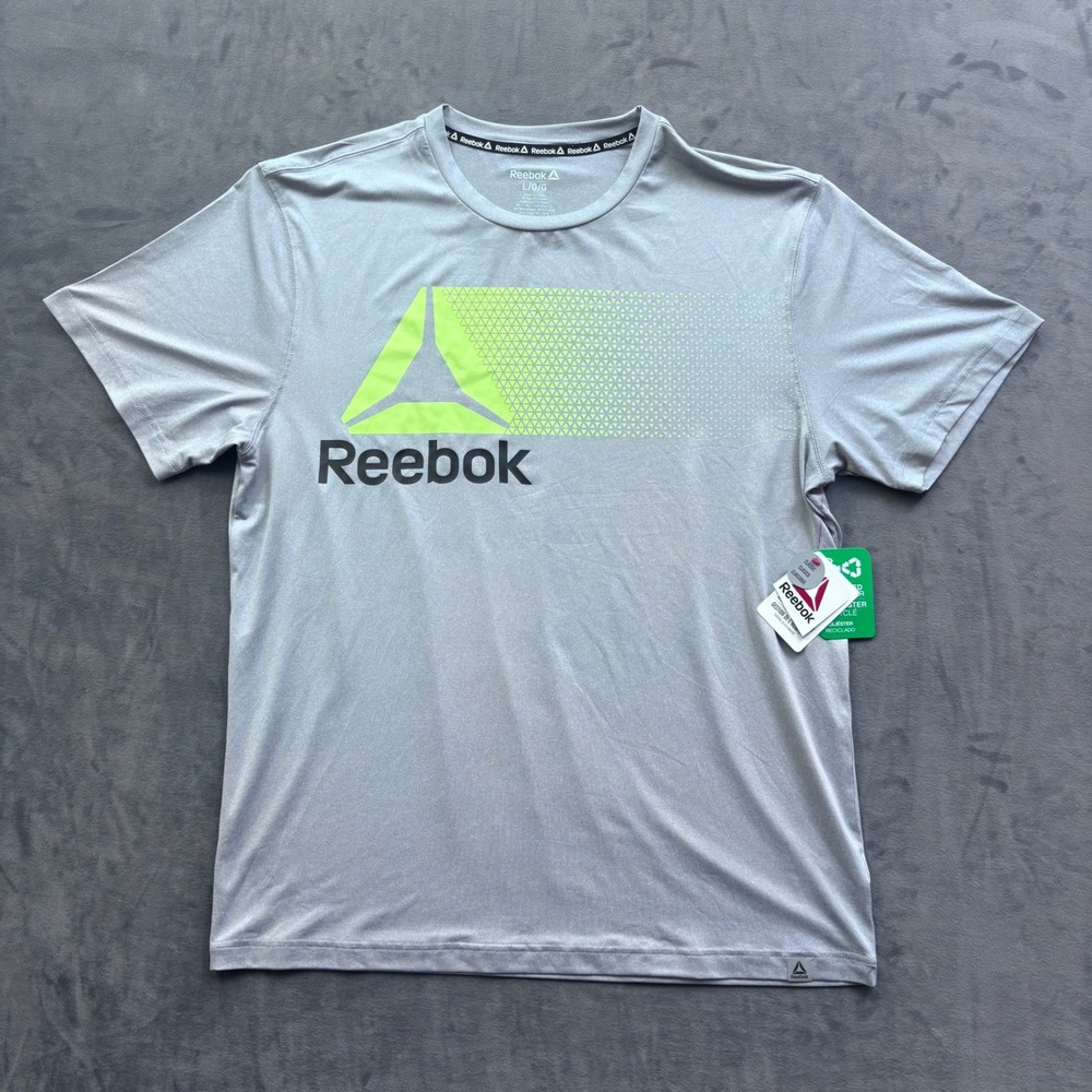 Reebok Mens Performance T-Shirt Grey Lime Green Graphic Logo Gym Top Large NWT